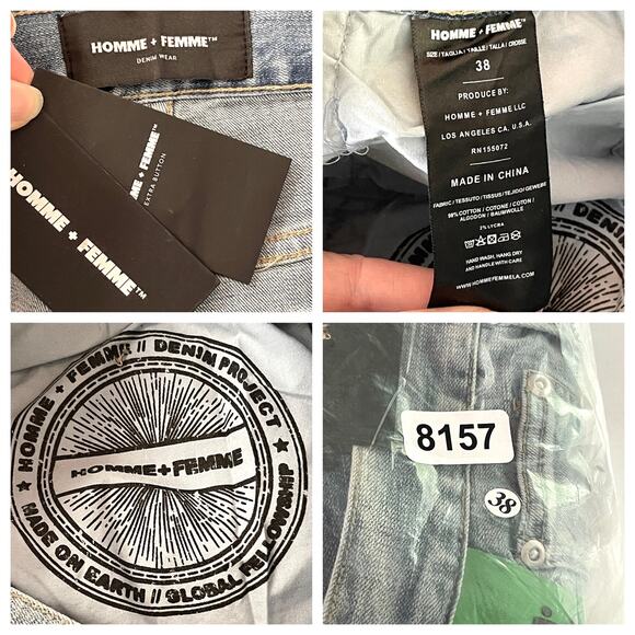 Homme + Femme NEW Tesla Skinny Blue Jeans Sz 38 Green Pink Gradient Logo Ribbon - Picture 8 of 8